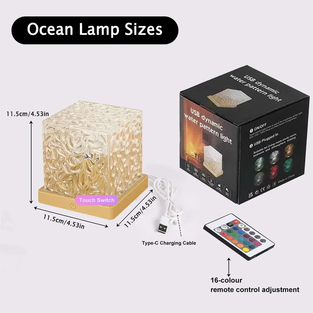 16 Colors Ocean Wave Aurora Projector Night Light – LED RGB Ambient Lamp with Remote, Touch Control, Dimmable & Rotating USB-C Mood Light