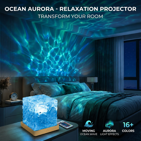 Luz nocturna con proyector de olas oceánicas y aurora de 16 colores – Lámpara ambiental LED RGB con control remoto, táctil, regulable y giratoria USB-C