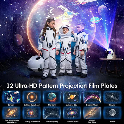 Astronaut Planetarium Projector – Galaxy Night Light with 12 Projection Discs | LED Starry Sky Ceiling Projector for Bedroom & Room Decor