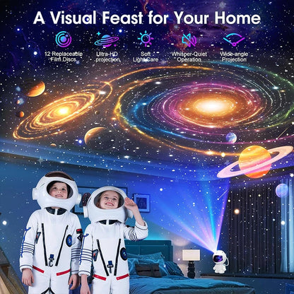 Astronaut Planetarium Projector – Galaxy Night Light with 12 Projection Discs | LED Starry Sky Ceiling Projector for Bedroom & Room Decor