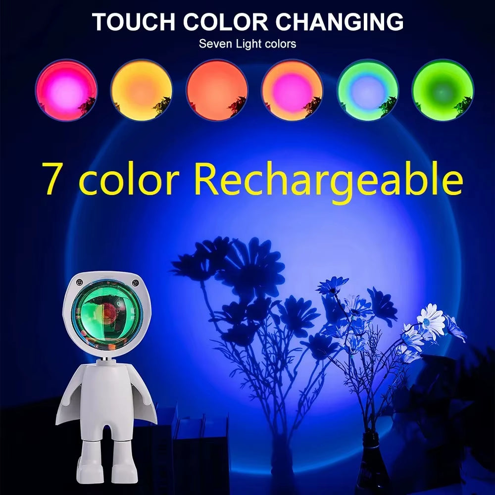 Rechargeable Astronaut Sunset Lamp – Rainbow Projection Night Light with Infinite Dimming | LED Atmosphere Light for Bedroom & Room Decor